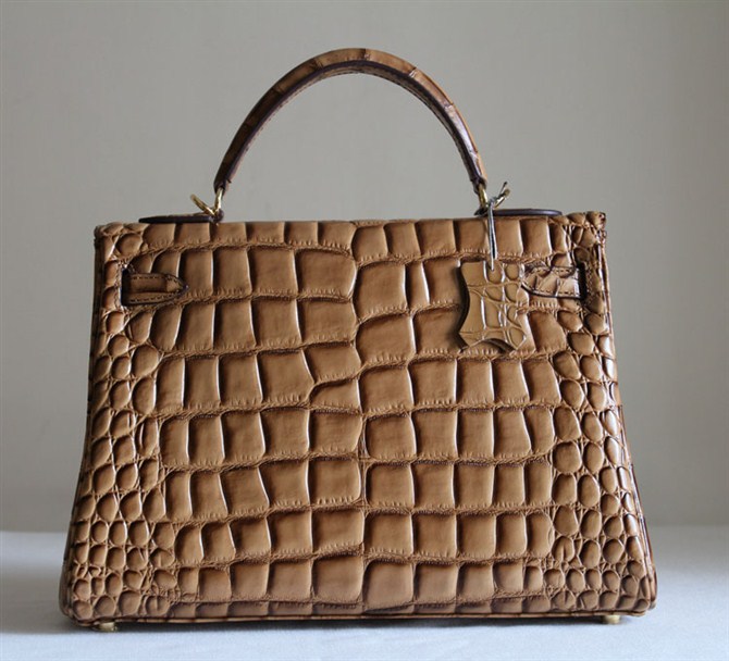 7A Replica Hermes Kelly 32cm Crocodile Veins Leather Bag Light Coffee HC0001 (2)